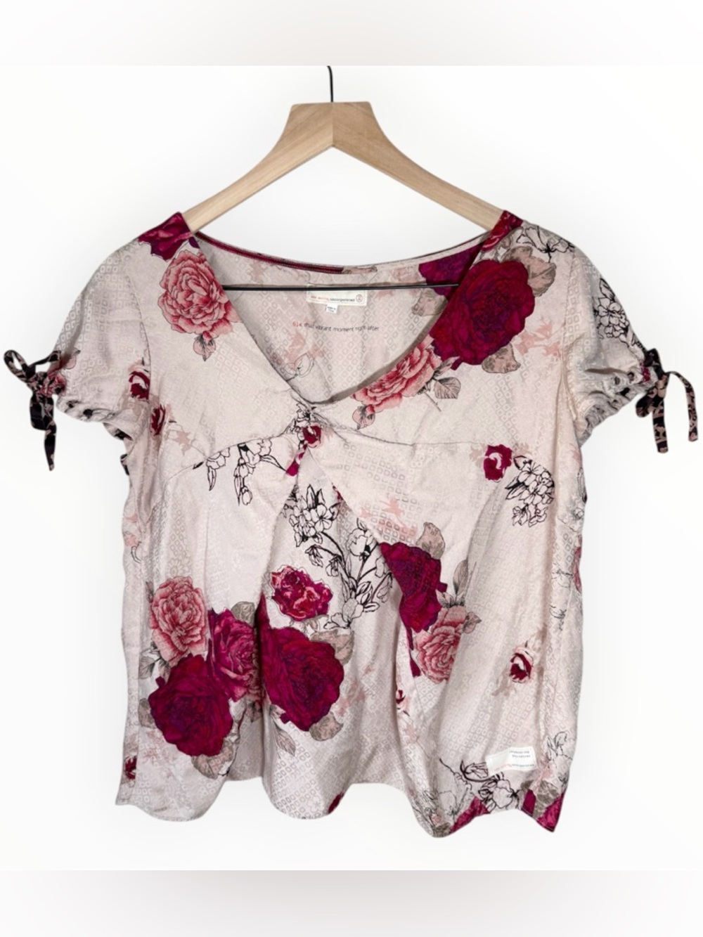Odd Molly Anthropologie Silk Top Faux Wrap Blouse Size Medium Rose Floral Print
